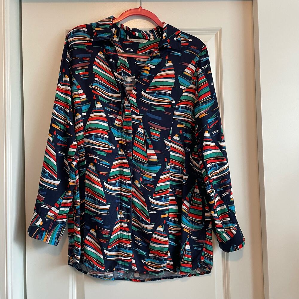 Soft Surroundings Sail Away Sailboat‎ Print Buttoned Tunic Shirt Blouse M